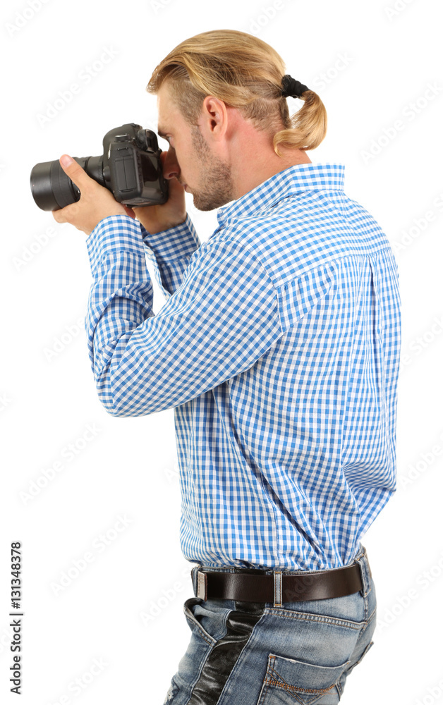 Handsome photographer with camera, isolated on white Handsome photographer with camera, isolated on white