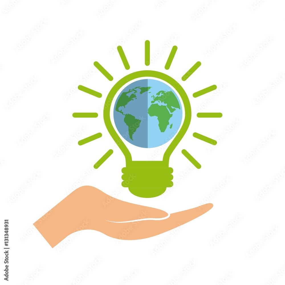 hand with green bulb light with earth planet icon over white background. colorful design. vector illustration hand with green bulb light with earth planet icon over white background. colorful design. vector illustration