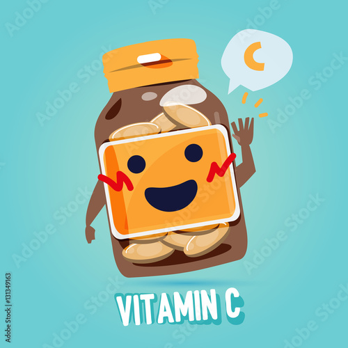 bottle of vitamin c with cab character design. benefit of vitami