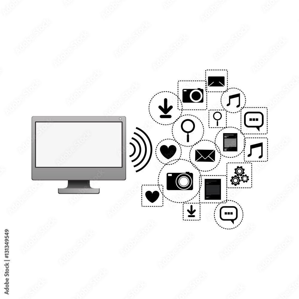 Computer social media and multimedia icon set. Apps communication and digital marketing theme. Isolated design. Vector illustration