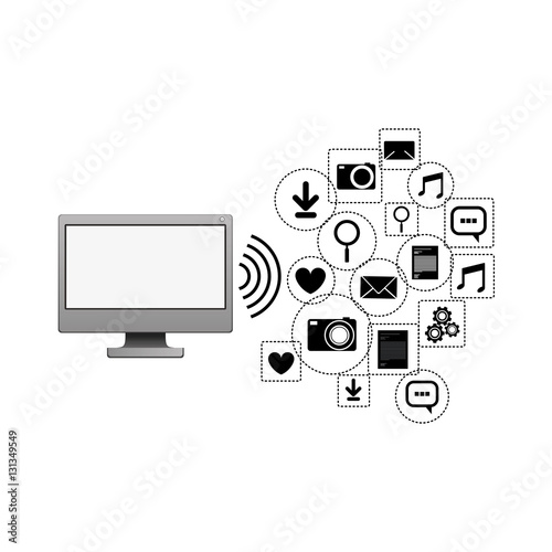 Computer social media and multimedia icon set. Apps communication and digital marketing theme. Isolated design. Vector illustration