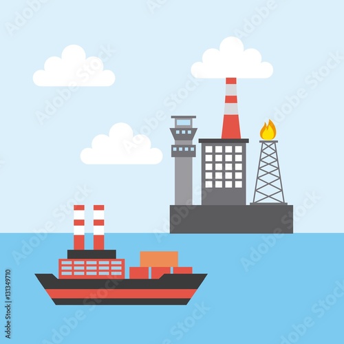 oil industry rig factory and cargo ship icon. colorful design. vector illustration