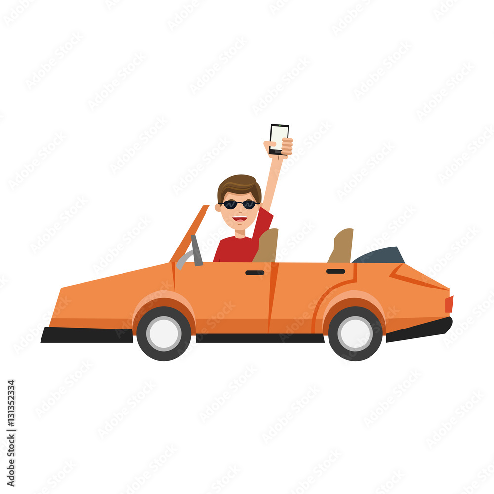 Man car and smartphone icon. Travel navigation route and technology theme. Isolated design. Vector illustration