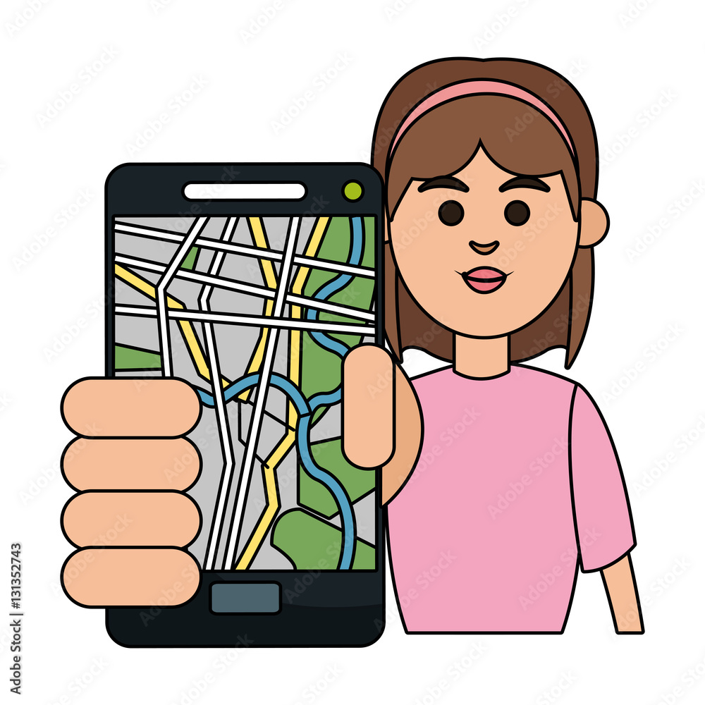 Woman and smartphone with gps app icon. Travel navigation route and technology theme. Isolated design. Vector illustration Woman and smartphone with gps app icon. Travel navigation route and technology theme. Isolated design. Vector illustration