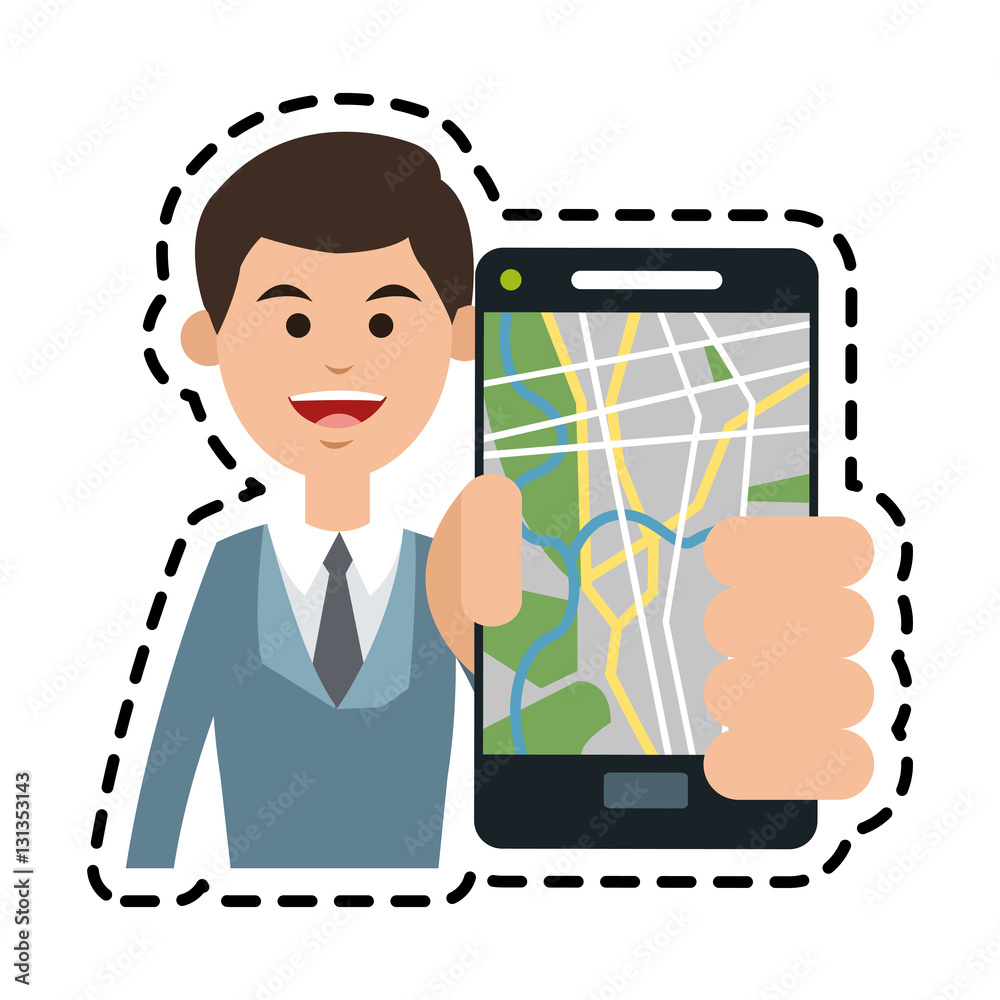 Man and smartphone with gps app icon. Travel navigation route and technology theme. Isolated design. Vector illustration Man and smartphone with gps app icon. Travel navigation route and technology theme. Isolated design. Vector illustration