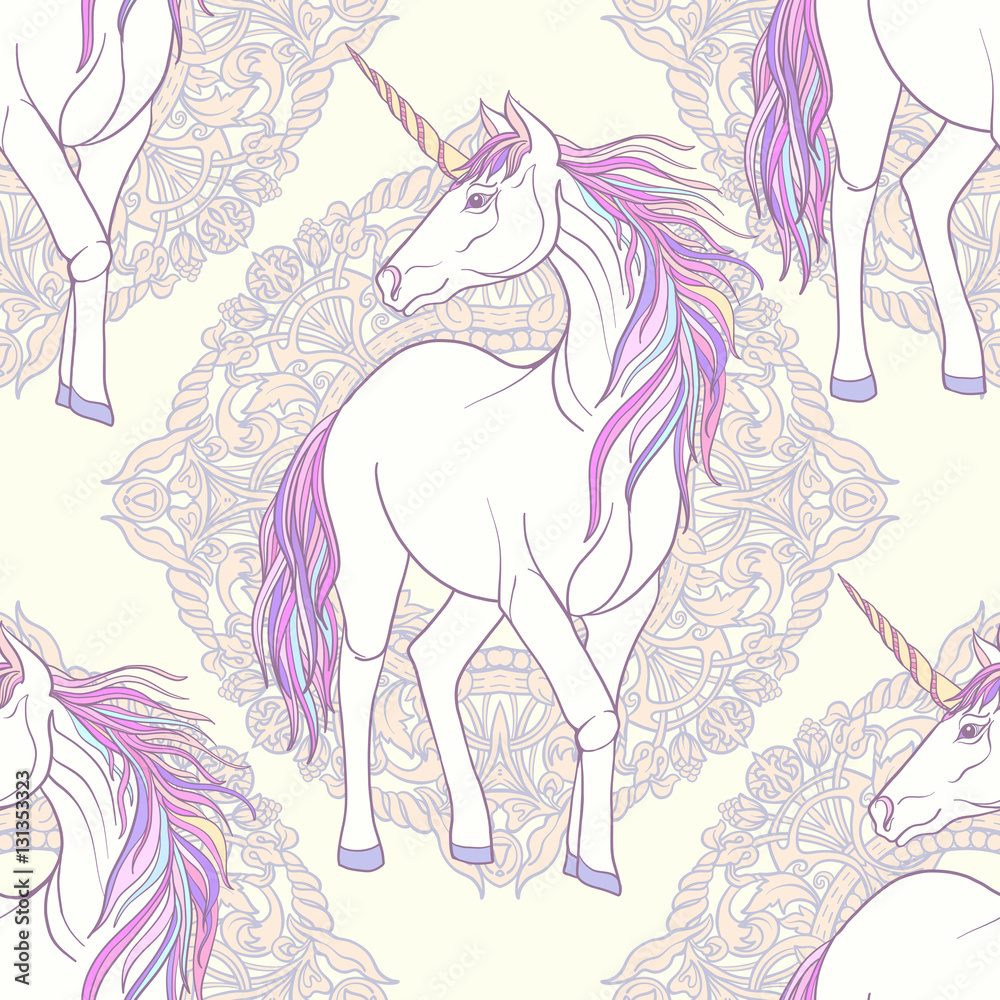 Fototapeta premium Seamless pattern with Unicorn with color pink purple mane on dec