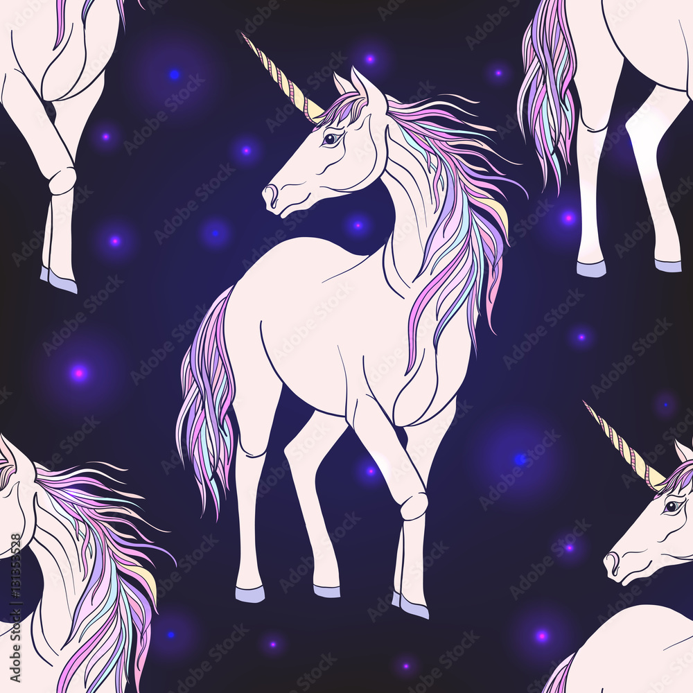 Seamless pattern with Unicorn with color pink purple mane.