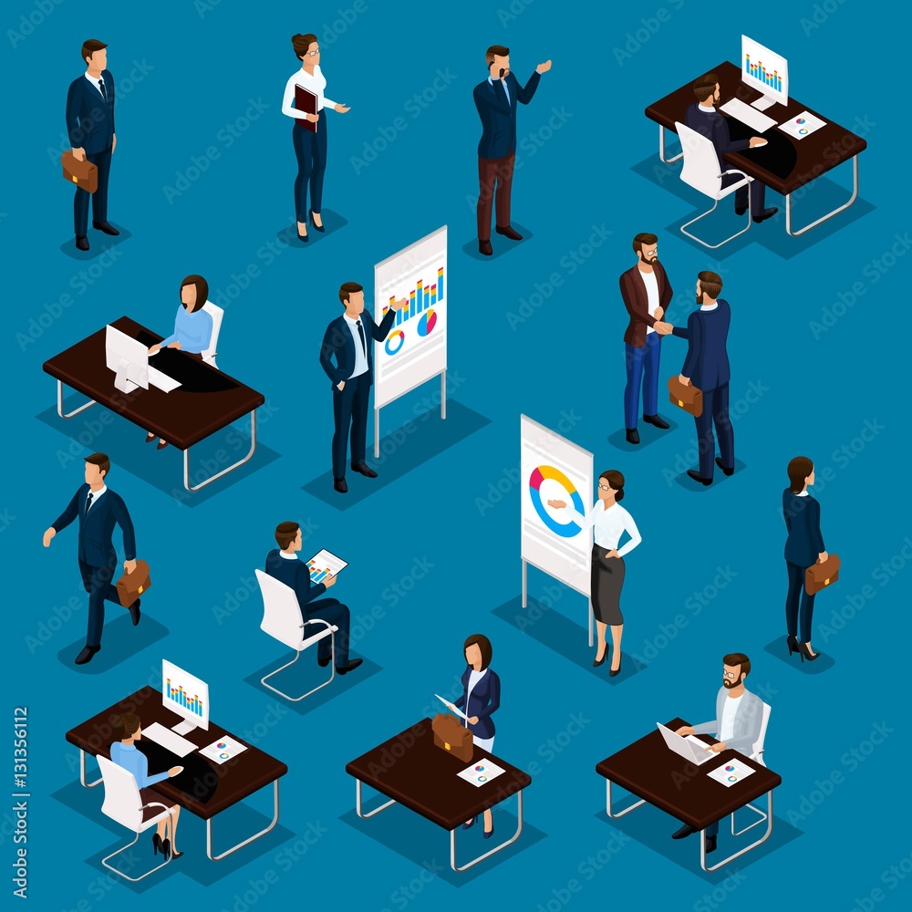 Business people isometric set of men and women in the office business suits isolated on a blue background. Vector illustration Business people isometric set of men and women in the office business suits isolated on a blue background. Vector illustration