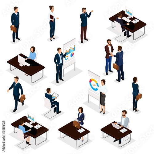 Business people isometric set of men and women in the office business suits isolated on a white background. Vector illustration