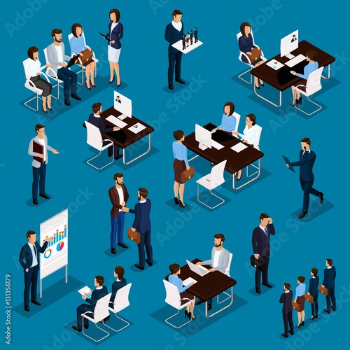 Recruitment process to set isometric business employees on a blue background. Vector illustration