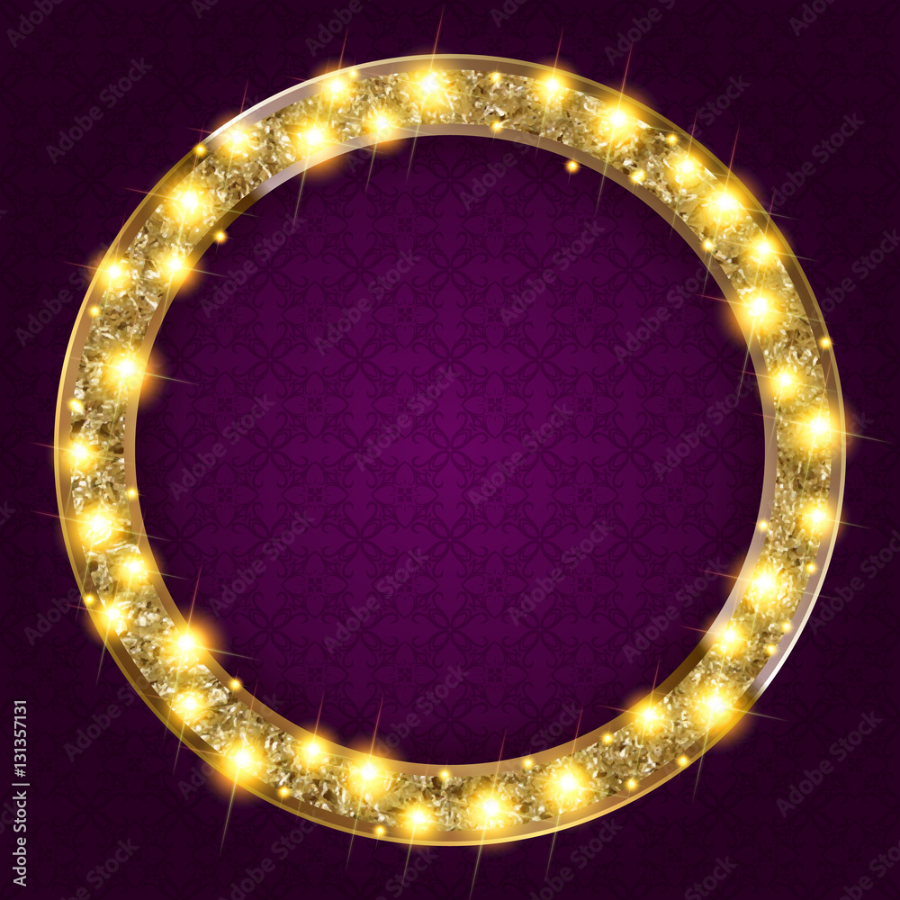round gold frame with lights on a dark background