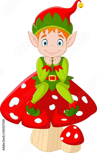 Cartoon elf sitting on the mushroom