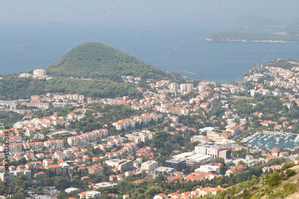 Aerial view of the residential areas of the city of Dubrovnik and the port.