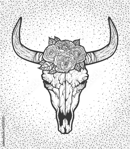 Bull skull with roses native Americans tribal style. Tattoo blackwork. Vector hand drawn illustration. Boho design