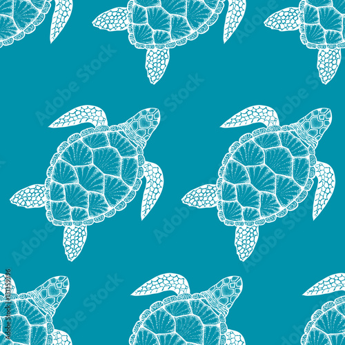 Seamless pattern with sea turtle in line art style. Hand drawn vector illustration. Design for coloring book. Ocean elements