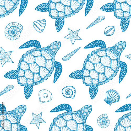 Seamless pattern with sea turtle and shells in line art style. Hand drawn vector illustration. Design for coloring book. Ocean elements