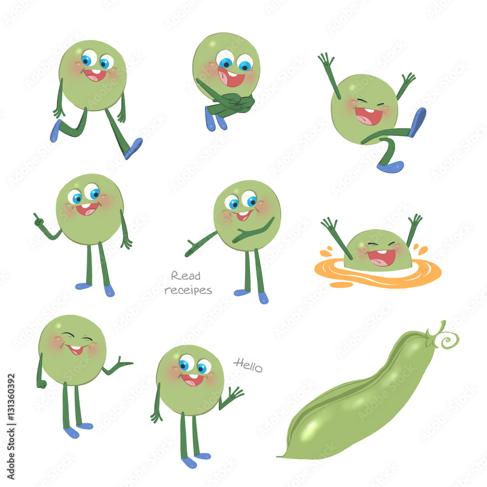 Obraz premium Green peas cartoon character various poses