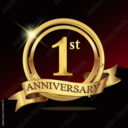 1 years golden anniversary logo celebration with ring and ribbon.