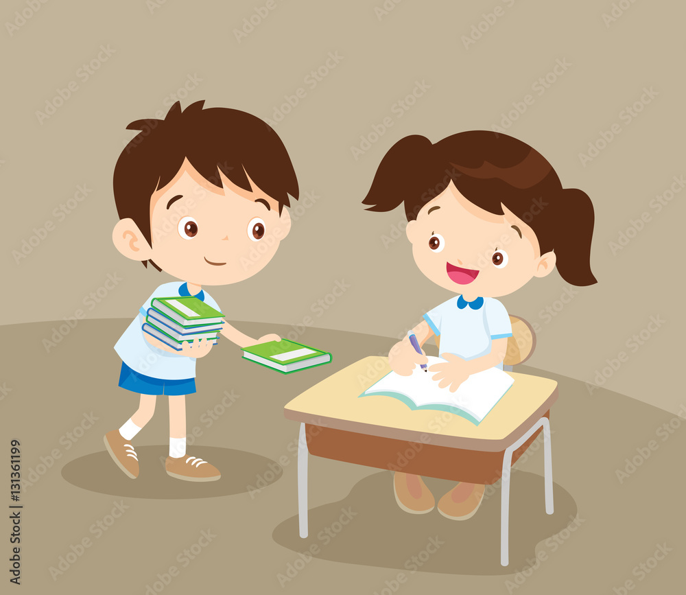 cute student boy Giving a Book to friend cute student boy Giving a Book to friend