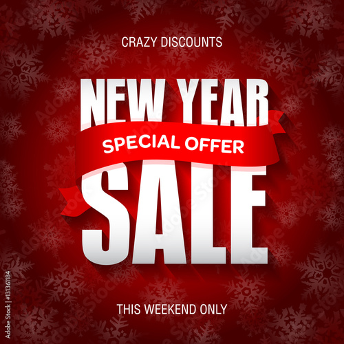 New Year sale badge, label, promo banner template. Special offer text on ribbon.