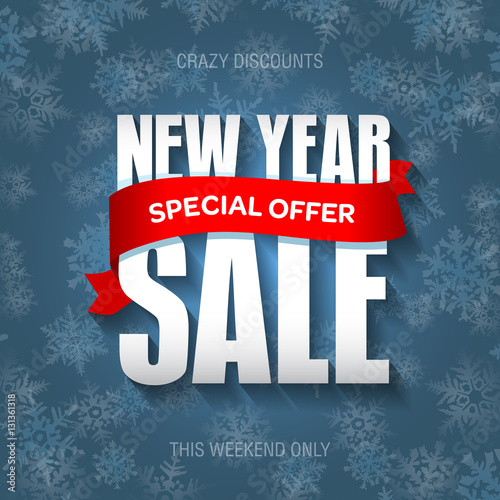 New Year sale badge, label, promo banner template. Special offer text on ribbon.