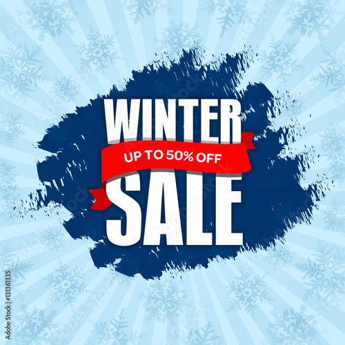Winter sale badge, label, promo banner template. Up to 50% OFF discount offer. Vector illustration.