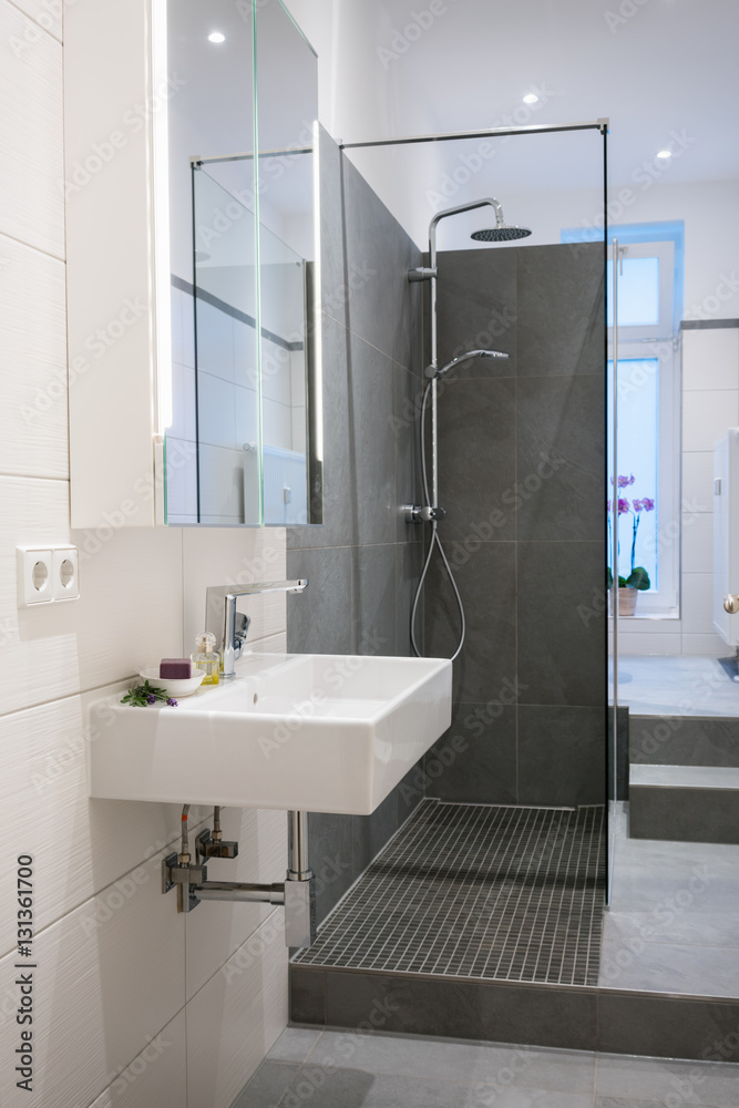 modernes badezimmer in einer altbau-wohnung Stock-Foto | Adobe Stock