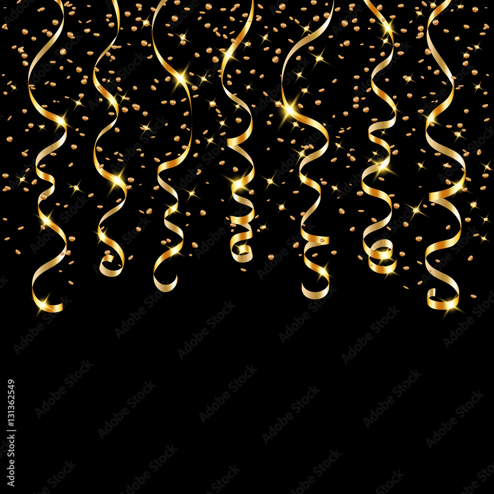 Gold ribbon confetti. Golden serpentine on black background. Colorful  streamers. Design decoration party, birthday, Christmas, New Year  celebration, anniversary, carnival Vector illustration Stock Vector