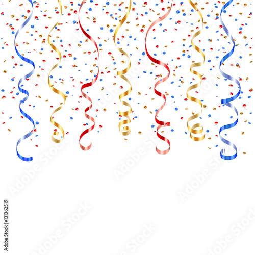 Gold red blue ribbon confetti. Golden serpentine on white background. Colorful streamers. Design decoration party  birthday  Christmas  New Year celebration  carnival Vector illustration