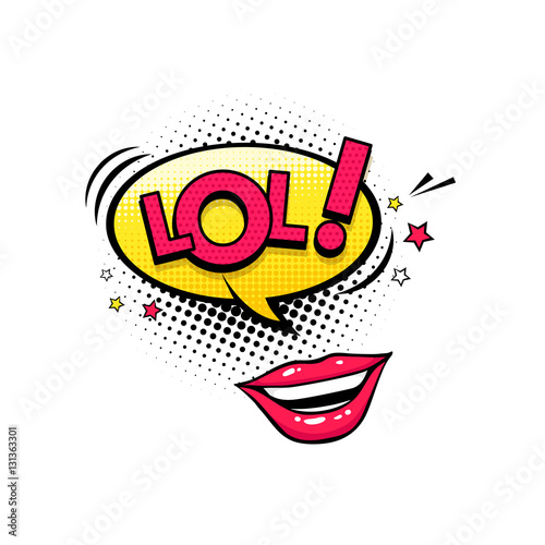 Comic speech bubble with stars, emotional text Lol and open female mouth laughing. Vector bright dynamic cartoon illustration isolated on white background.