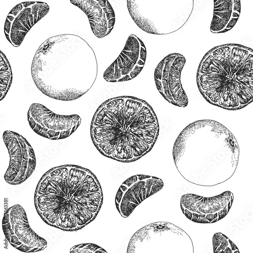 Seamless pattern design or background with orange. Hand drawn illustration by ink and pen sketch set. Elements include drawing and their own background shape.