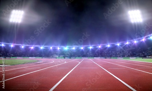Empty stadium illustration with running track under spotlight at night photo