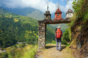 Handdoek met foto Nepal Toegangspoort bergdorp Annapurna trek  © olmoroz