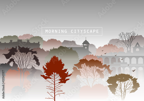 Vector illustration. Silhouettes of old houses, trees and bridge in fog. Smog, autumn mysterious urban landscape. Template for site, tourist brochures.