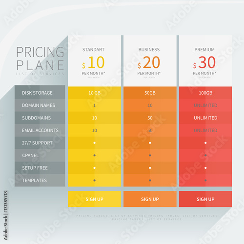 Pricing comparison table set for commercial business web service