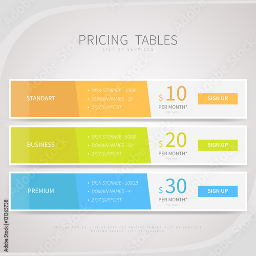 Pricing comparison table set for commercial business web service
