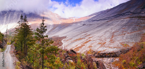 Horizontal Panoramic view of Mount Swargadwari Danda from Pisang on Annapurna Circuit Trek in Annapurna Himal  Nepal  Asia