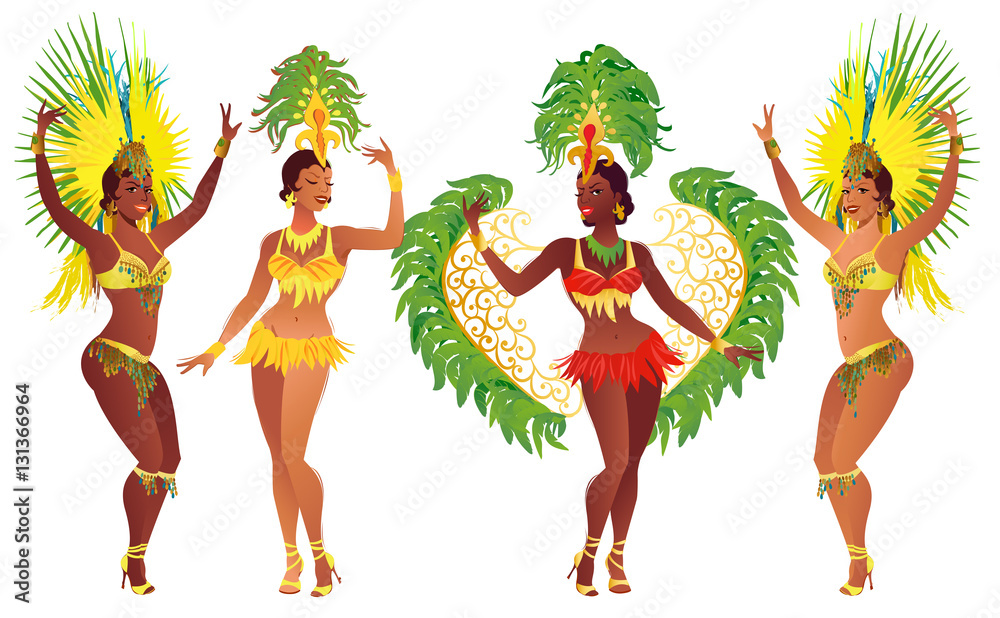 Set of Brazilian samba dancers. Vector carnival girls wearing a festival  costume is dancing. Stock Vector | Adobe Stock