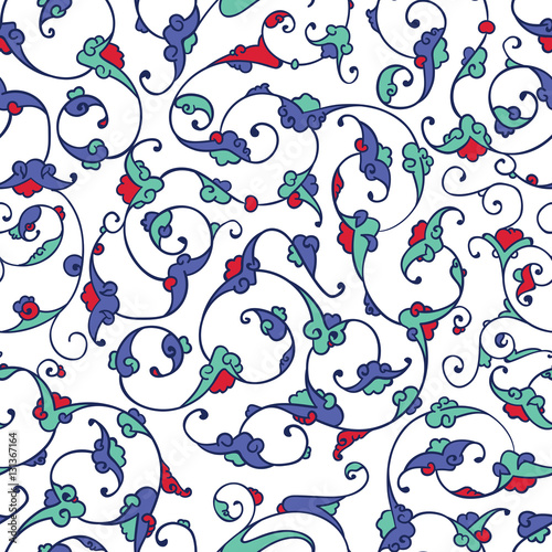 Seamless pattern design with detailed Iznik style floral motifs drawn freehand on digital tablet, elegant rumi style flourishes repeating surface pattern for web and print use.