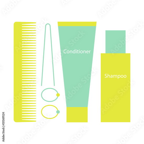 Comb, hairpin, scrunchies, shampoo, conditioner. Vector illustration.
