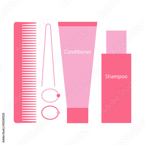 Comb, scrunchies, shampoo, conditioner, hairpin. Vector illustration.
