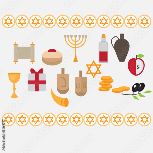 Jewish holiday Hanukkah design elements with traditional donuts, holiday candlestick menora and scroll, horn and wooden spinning top and coins. Happy Hanukkah greeting card. Hebrew Judaism symbols.