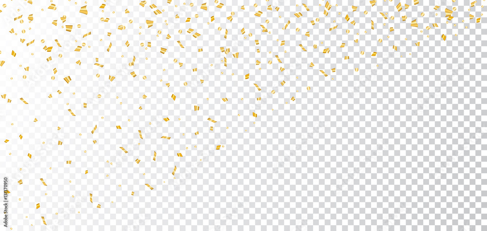 Gold bright confetti on white transparent Christmas background. Golden decoration glitter abstract design of Happy New Year card, greeting, Xmas holiday celebrate banner. Vector illustration