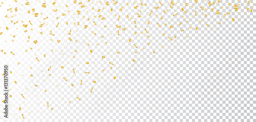 Gold bright confetti on white transparent Christmas background. Golden decoration glitter abstract design of Happy New Year card, greeting, Xmas holiday celebrate banner. Vector illustration