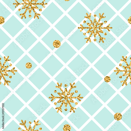Christmas gold snowflake seamless pattern. Golden snowflakes on blue and white rhombus background. Winter snow texture wallpaper. Symbol holiday, New Year celebration Vector illustration