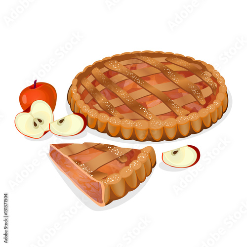 Apple pie with fruits, cut slice isolated. Traditional homemade tasty cake.