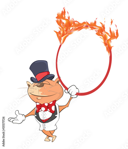 Illustration of a Cute Cat. Performer with a fire hula hoop. Cartoon Character