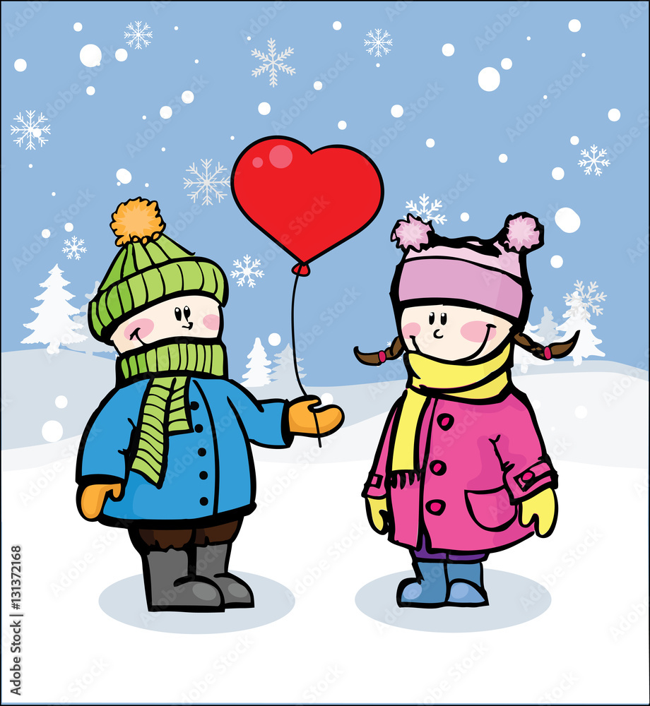 Kids on winter background with balloon