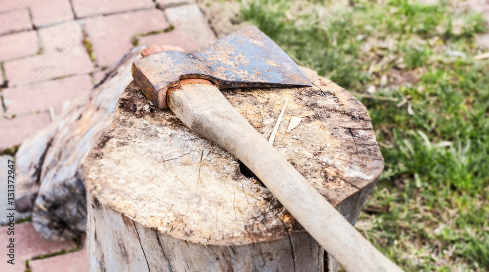 Old axe on stump Old axe on stump