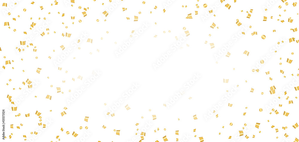 Gold bright confetti on white Christmas background. Golden decoration glitter abstract design of Happy New Year card, greeting, Xmas holiday celebrate banner. Space effect. Vector illustration